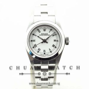 Rolex Ladies Oyster Perpetual 26mm 67180 White Roman Baton - Discontinued