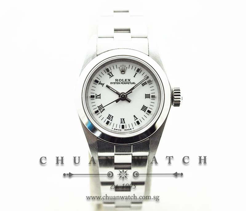 Rolex Ladies Oyster Perpetual 26mm 67180 White Roman Baton - Discontinued