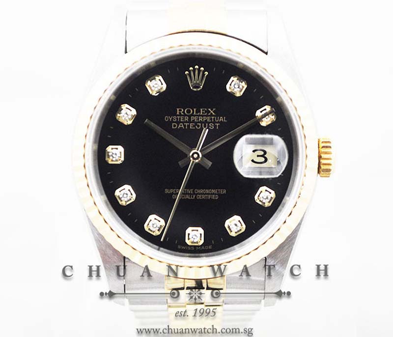 Rolex Gents DateJust 36mm 16233 Black Sunburst Diamonds - Discontinued
