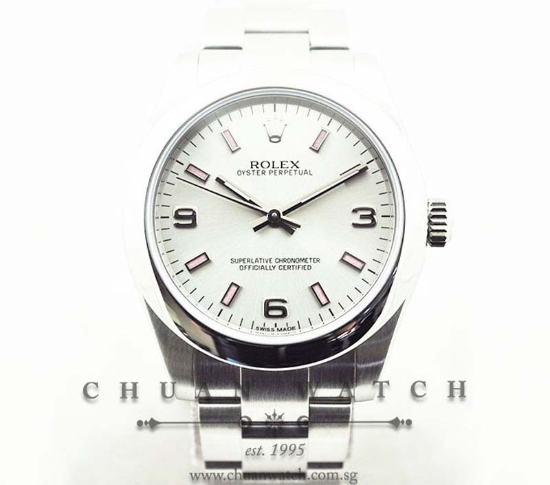 Rolex Boys Oyster Perpetual No-Date 31mm 177200 Silver Sunburst 3.6.9 Pink Baton