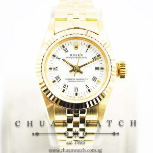 Rolex Ladies Oyster Perpetual No-Date Yellow Gold 26mm 67198 White Roman - Discontinued