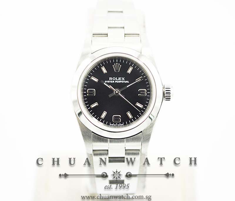 Rolex Ladies Oyster Perpetual No-Date 24mm 76080 Black Index Arabic - Discontinued