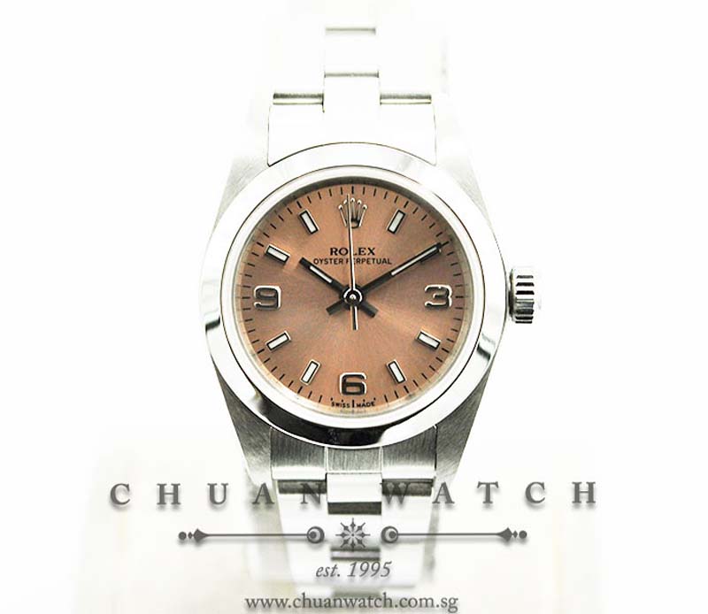 Rolex Ladies Oyster Perpetual No-Date 24mm 76080 Pink Sunburst Index Arabic - Discontinued
