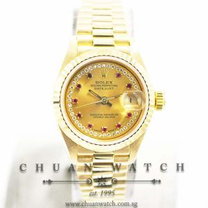 Rolex Ladies DateJust President Yellow Gold 26mm 69178 Champagne Sunburst Rubies String Diamonds - Discontinued