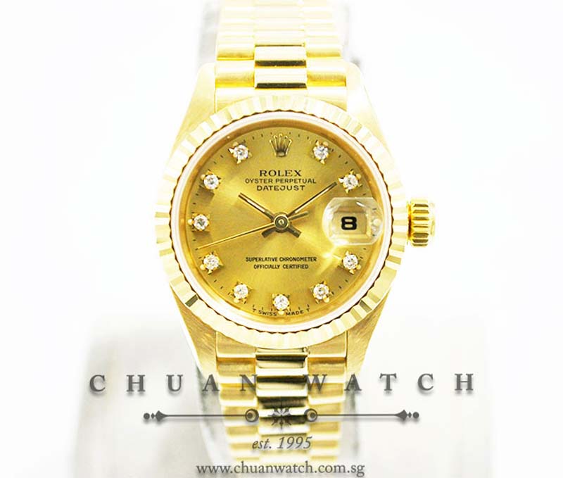 Rolex Ladies DateJust President Yellow Gold 26mm 69178 Champagne Sunburst Diamonds - Discontinued