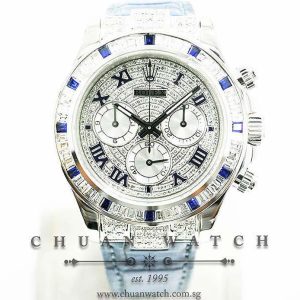 Rolex Cosmograph Daytona White Gold 116519 Pave-Set Diamonds Blue Roman