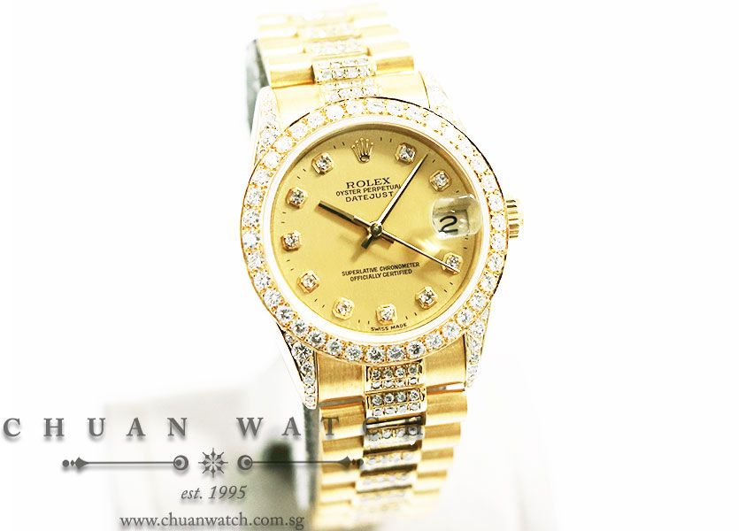 Rolex Boys DateJust President Yellow Gold Custom-Set Diamonds 31mm 68278 Champagne Diamonds - Discontinued - Image 3