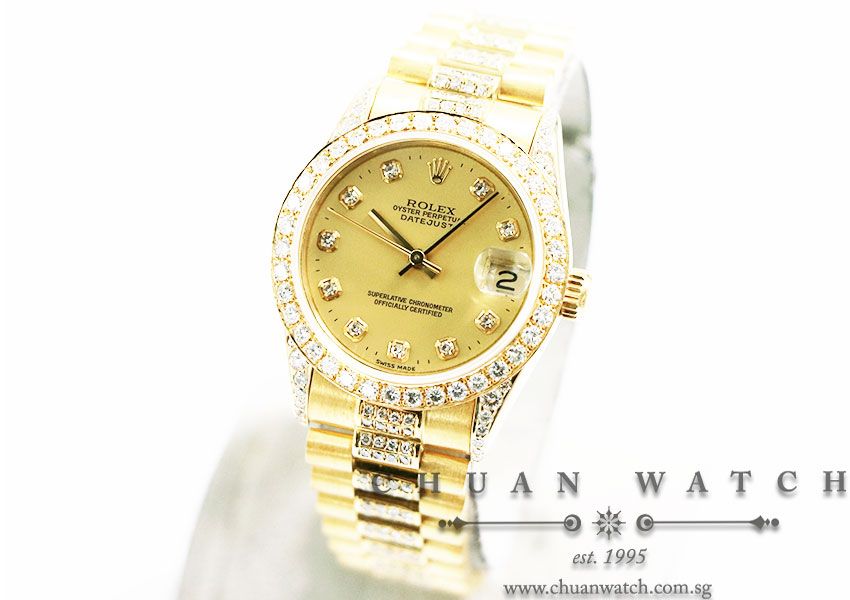 Rolex Boys DateJust President Yellow Gold Custom-Set Diamonds 31mm 68278 Champagne Diamonds - Discontinued - Image 2