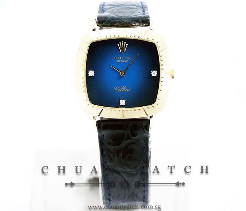 Rolex Vintage Ladies Cellini Yellow Gold 30mm 4084-8 Blue Vignette Diamonds - Discontinued