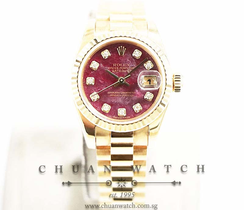 Rolex Ladies DateJust President Yellow Gold 26mm 179178 Red Sodalite Diamonds - Discontinued