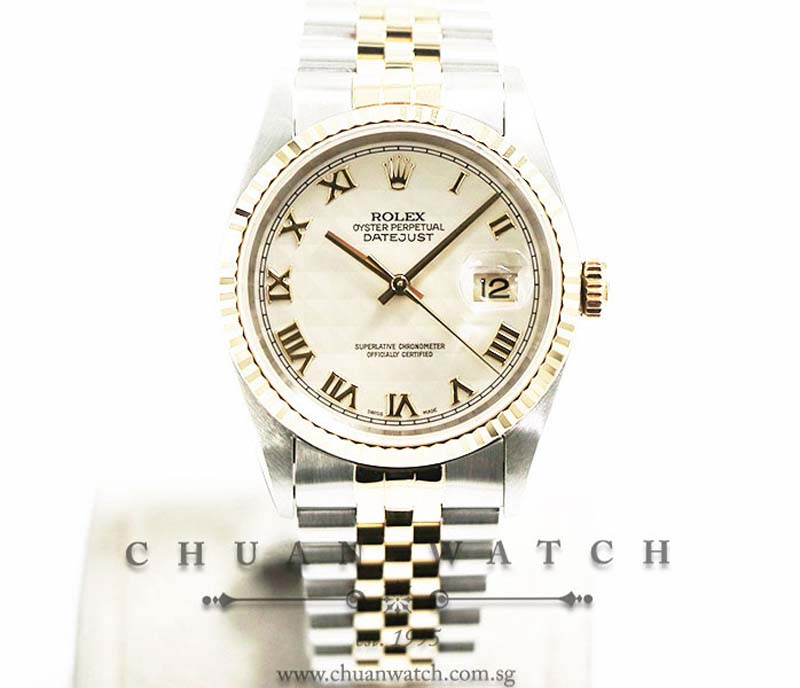 Rolex Gents DateJust Two-Tone 36mm 16233 Ivory Pyramid Roman - Discontinued