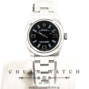 Rolex Ladies Oyster Perpetual No-Date 26mm 176200 Black Arabic 3.6.9 Blue Index - Discontinued