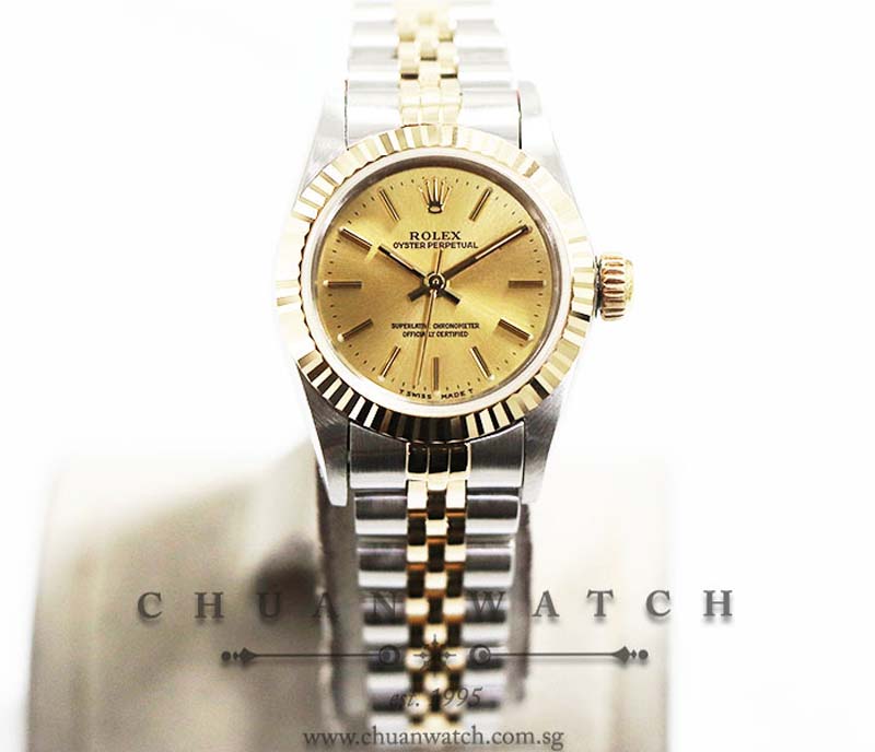 Rolex Ladies Oyster Perpetual No-Date Two-Tone 26mm 67193 Champagne Sunburst Index - Discontinued