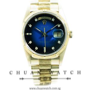 Rolex Day-Date President Yellow Gold Bark Finish 36mm 18248 Blue Vignette Diamonds (Reconditioned) - Discontinued