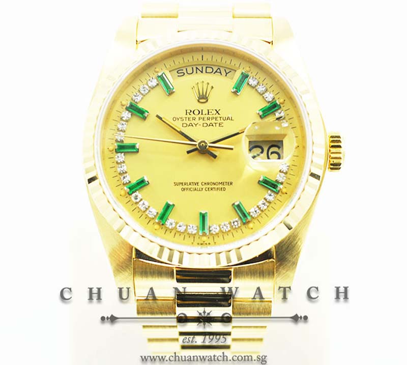 Rolex Day-Date President 36mm 18038 Champagne Emerald Diamonds - Discontinued