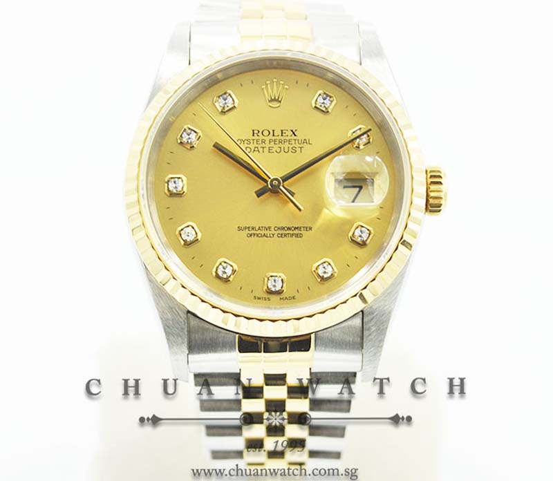 Rolex Gents DateJust 36mm 16233 Champagne Sunburst Diamonds - Discontinued