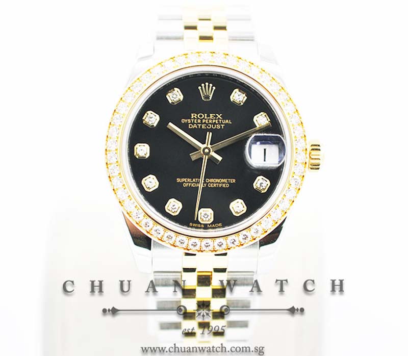 Rolex Boys DateJust 31mm 178383 Black Sunburst Diamonds