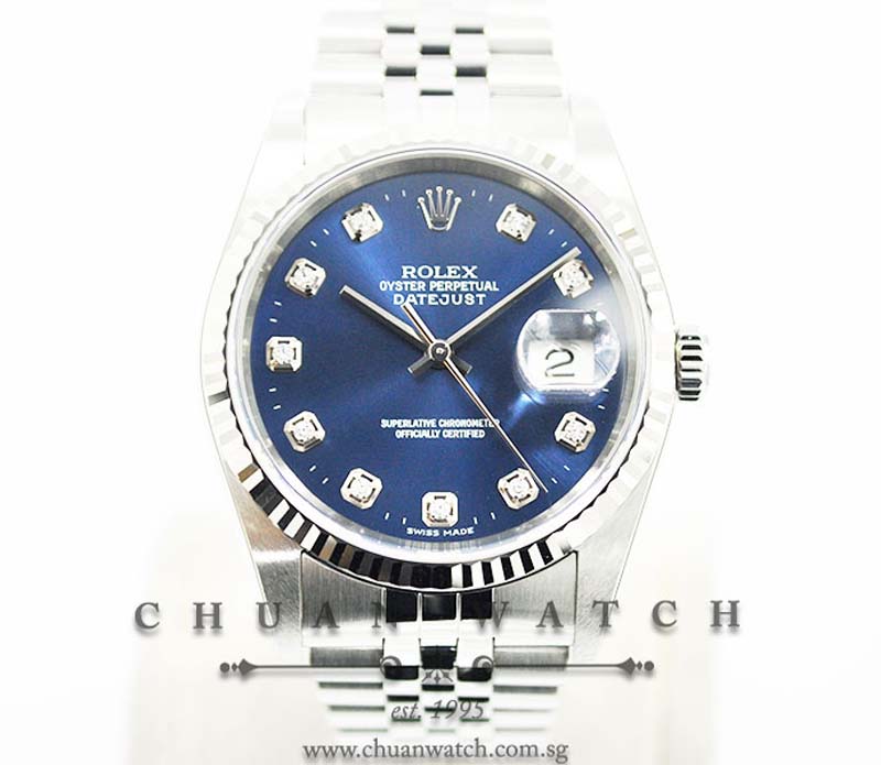 Rolex Gents DateJust 36mm 16234 Blue Sunburst Diamonds - Discontinued