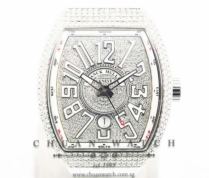 Franck Muller Vanguard Steel Custom Pave-Set Diamonds V 45 SC DT AC BC White Arabic