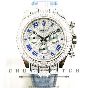 Rolex Cosmograph Daytona White Gold Custom Pave-Set Diamonds 116519 Blue Roman
