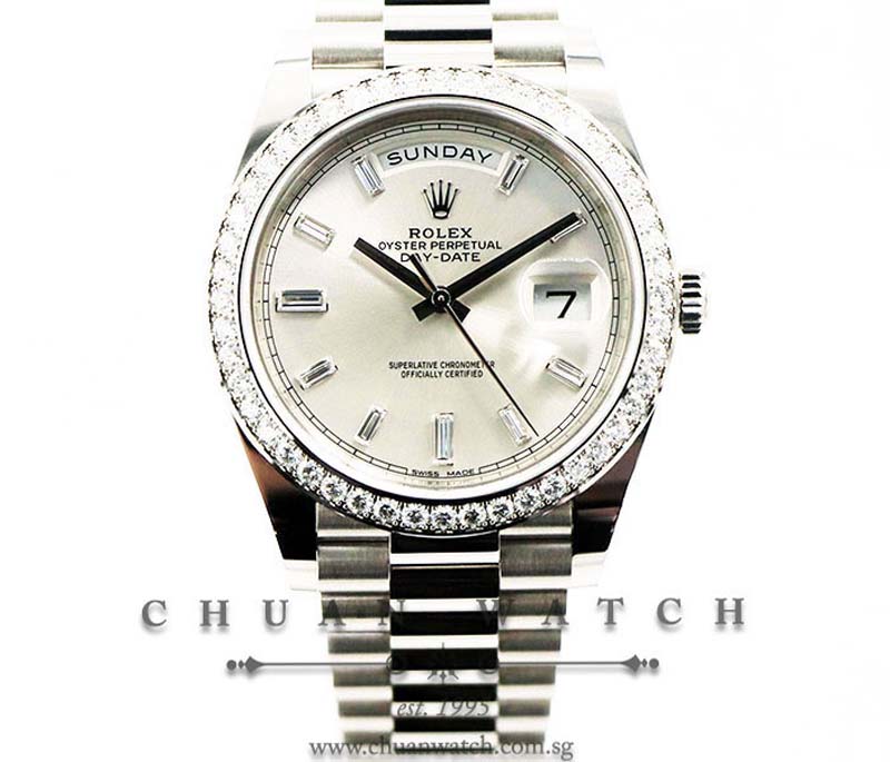Rolex Day-Date 40 President White Gold 228349RBR Silver Diamonds
