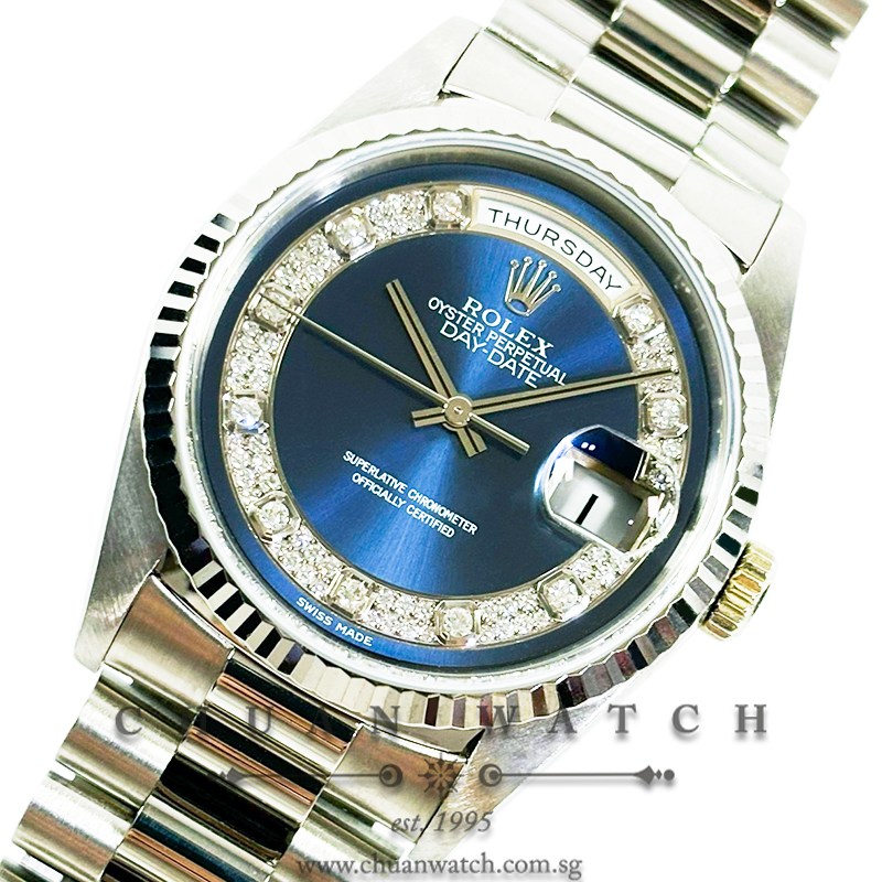 Rolex Day-Date President White Gold 36mm 18239 Blue Myriad Diamonds - Discontinued