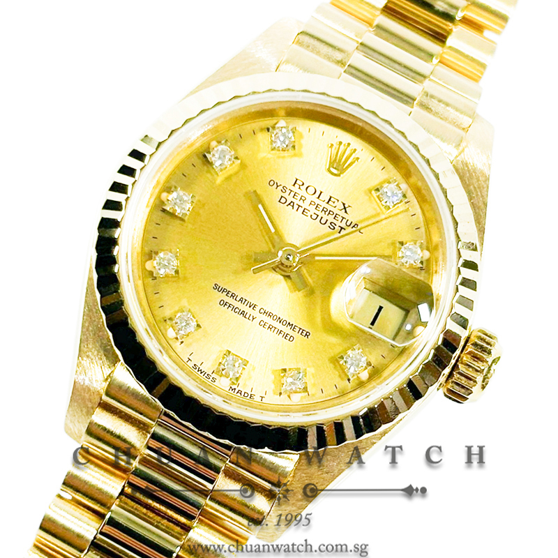 Rolex Ladies' DateJust President Yellow Gold 26mm 69178 Champagne Diamonds Tritium - Discontinued