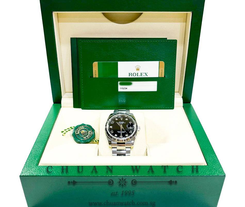 Rolex Oyster Perpetual Date 34mm 115234 Black Arabic Diamonds