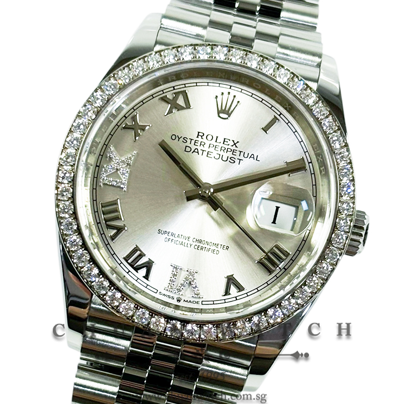 Rolex DateJust 36 126284RBR Silver Roman VI IX Diamonds