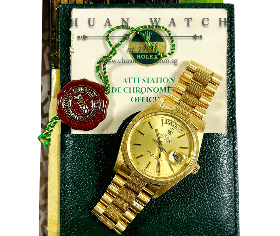 Rolex Day-Date President 'Bark-Finished' Yellow Gold 36mm 18078 Champagne Index Tritium - Discontinued - Image 2