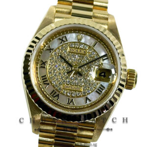 Rolex Ladies' DateJust President Yellow Gold 26mm 69178 White MOP Paved Diamonds Roman - Discontinued