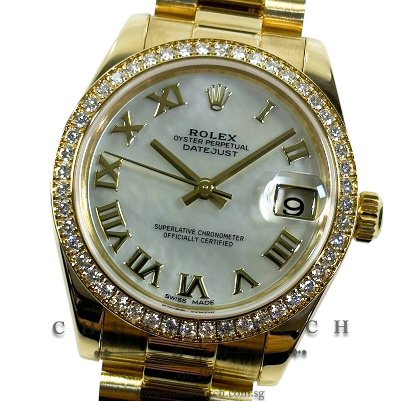 Rolex Boys' DateJust President Yellow Gold 31mm 178288 White MOP Roman - Discontinued