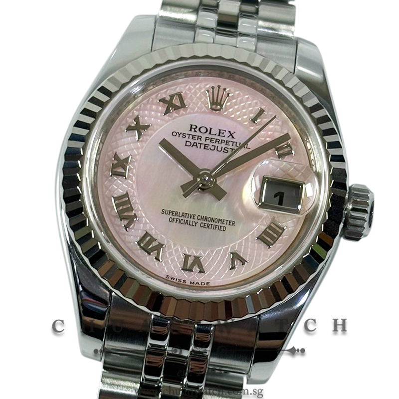 Rolex Ladies' DateJust Jubilee 26mm 179174 Pink MOP Guilloche Roman - Discontinued