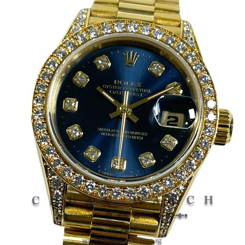 Rolex Ladies' DateJust President Yellow Gold 26mm 69158 Blue Diamonds Tritium - Discontinued