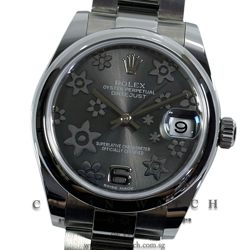 Rolex Boys' DateJust 31mm 178240 Dark Rhodium Flowers Arabic 6 - Discontinued