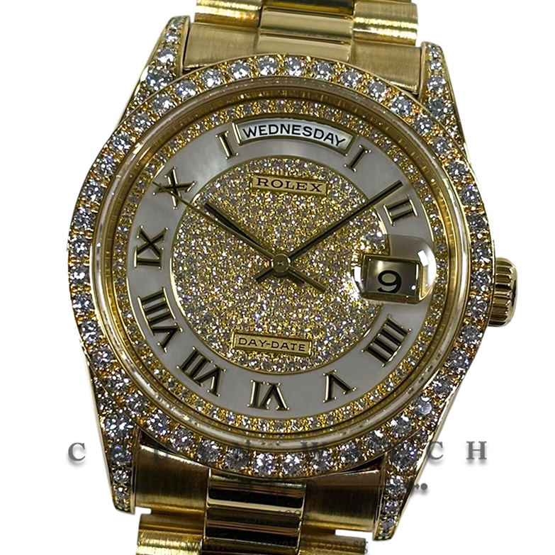 Rolex Day-Date President Yellow Gold 36mm 18388 White MOP Pave Diamonds Roman - Discontinued