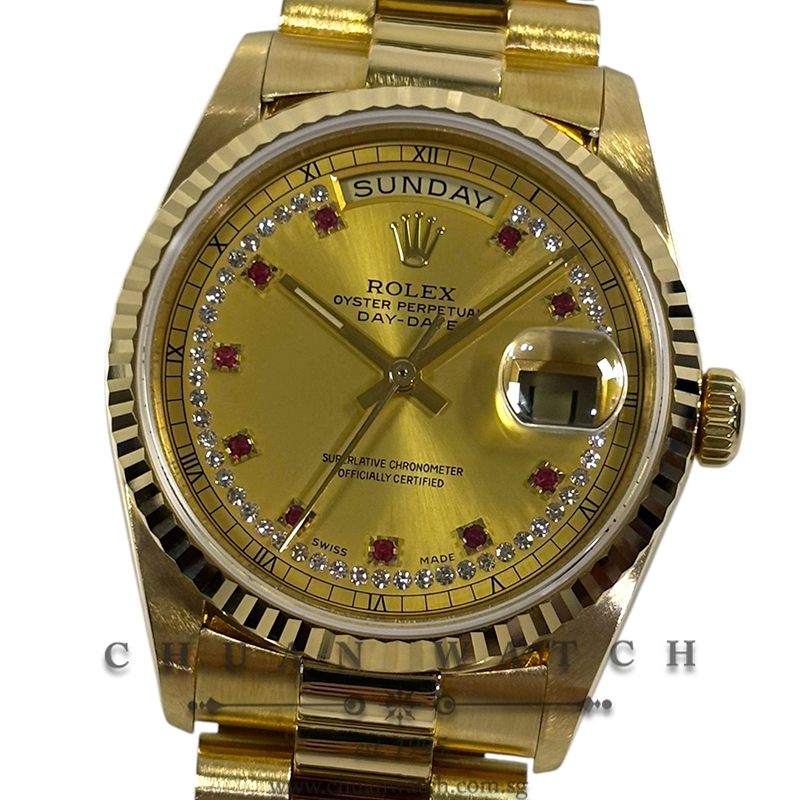 Rolex Day-Date President Yellow Gold 36mm 18238 Champagne Ruby String Diamonds - Discontinued